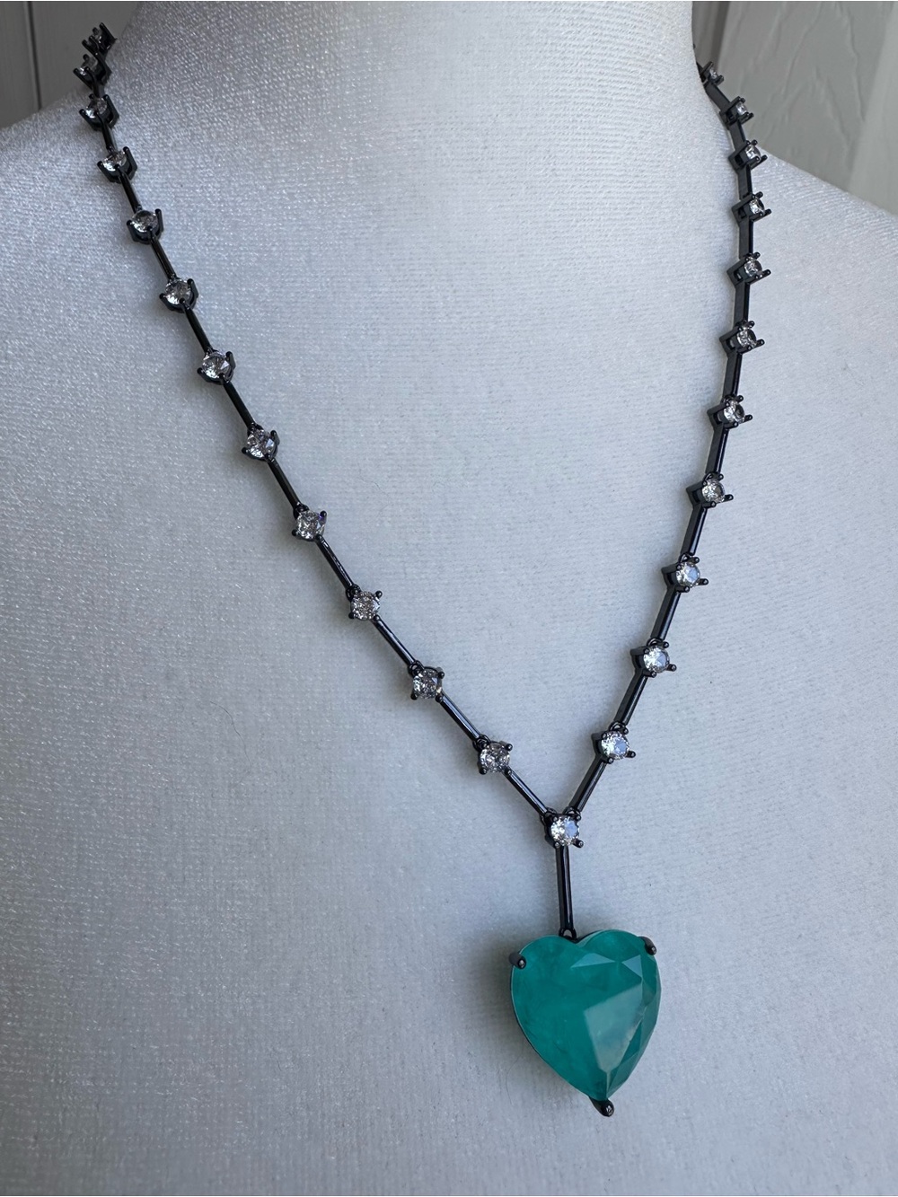 Emma Evelyn Aquamarine Heart Pendant Necklace with Gunmetal Rhinestone Chain